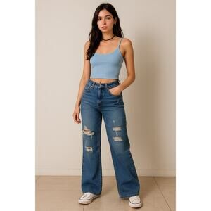 Y2K Grunge Distressed Wide Leg Blue Denim Jeans Indigo Rein Size 9 W28 L32